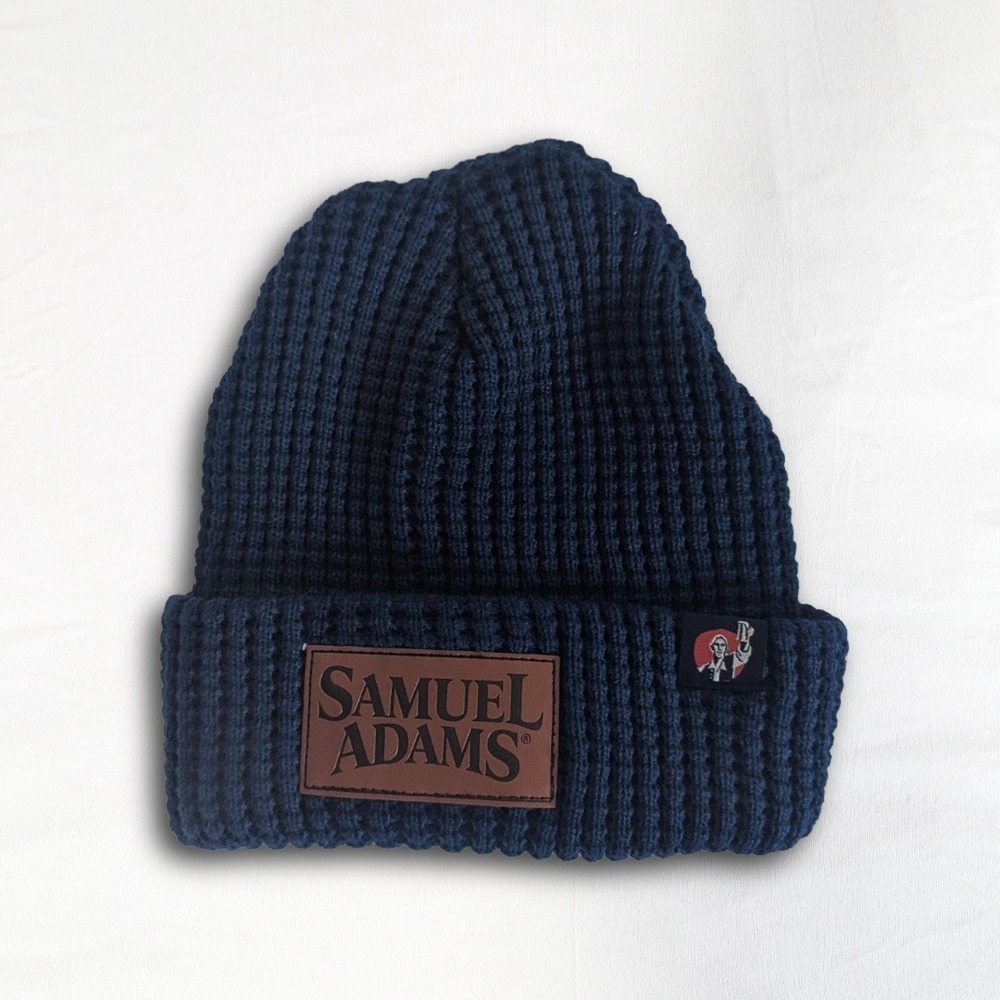 Samuel Adams Brews Navy Blue Waffle Knit Beanie Winter Hat Leather Patch